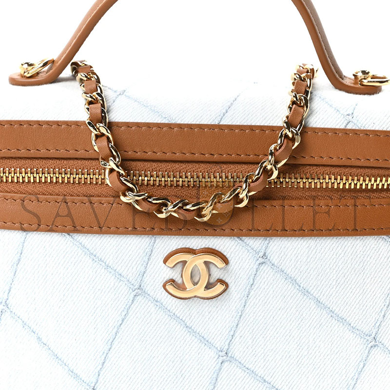 CHANEL MASTER WASHED DENIM CALFSKIN QUILTED TOP HANDLE SLIM VANITY CASE WITH CHAIN BLUE BROWN AP5164 (19.5*17*5cm)